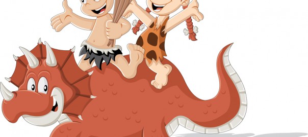 Cartoon cavemen and cave woman riding a triceratops dinosaur. Stone age children.