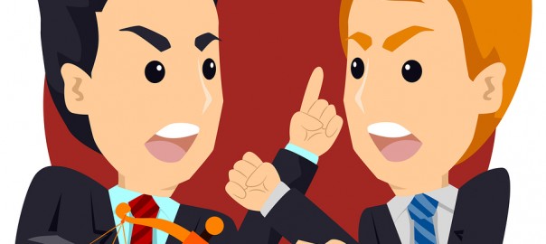 Vector Illustration of Two Angry Business Man Arguing Talking while holding a Balance Scale