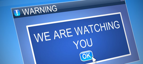 Illustration depicting a computer dialog box with a watching warning concept.